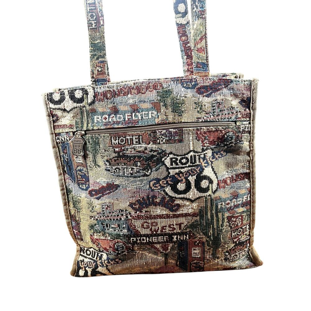 Vintage Jade Route 66 Tapestry Tote Bag w/ Coin Purse Highway Americana